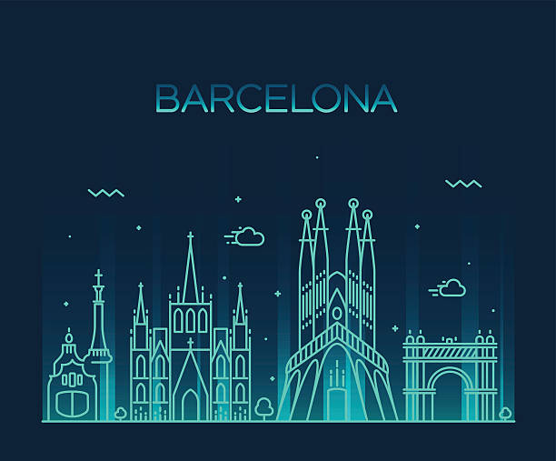 barcelona city skyline trendy vector line art - barcelona 幅插畫檔、美工圖案、卡通及圖標