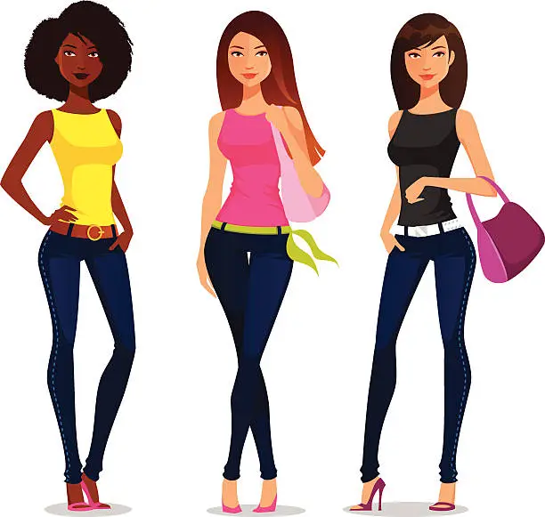 Vector illustration of young cartoon girls in casual fashion