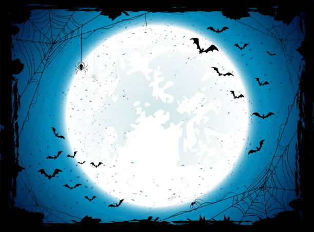 Blue Halloween background with bats Dark Halloween background with Moon on blue sky, spiders and bats, illustration. halloween moon stock illustrations