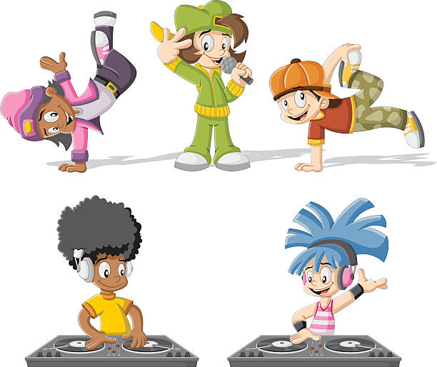 Cartoon hip hop dancers Cartoon hip hop dancers with a singer and a dj playing music rap kid stock illustrations