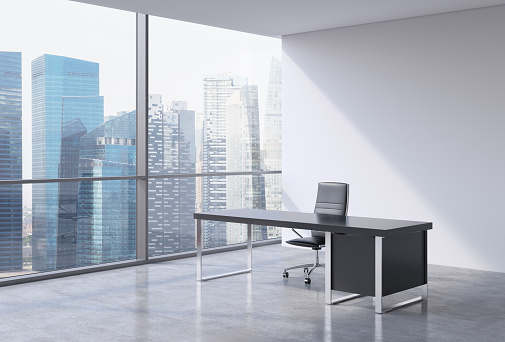 A workplace in a modern panoramic office, Singapore business centre view from the windows. A concept of financial consulting services. 3D rendering.