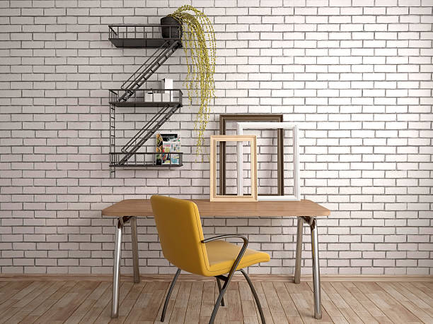 istock Room with black chair and table, frames and plants 482150304