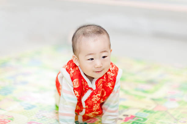 Sweet little baby boy crawling on floor East Asian sweet little baby boy crawling on floor wood dragon baby stock pictures, royalty-free photos & images