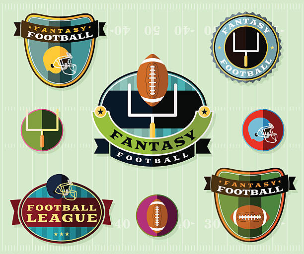 illustrazioni stock, clip art, cartoni animati e icone di tendenza di vettoriale fantasia set di emblemi di football americano - lega di calcio