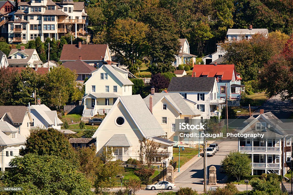 Houses in the Town of Groton, Connecticut, USA Groton, on the Thames River in New London County, Connecticut, United States.  A number of houses, streets and cars can been seen in the image. Connecticut Stock Photo