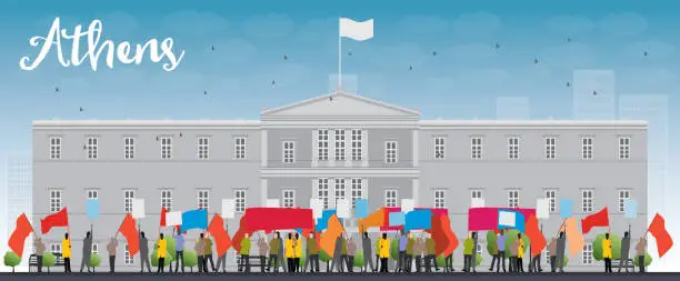 Vector illustration of Greek protesting in front of the Greek Parliament in Athens