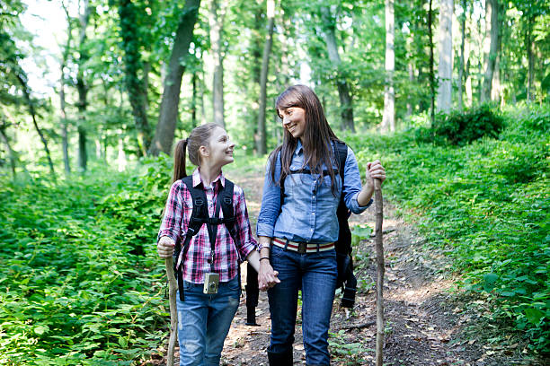 istock Mother and daughter walking in the forest 482167402