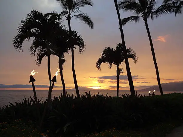 Tropical sunset in Hawaii complete with tiki torches. 