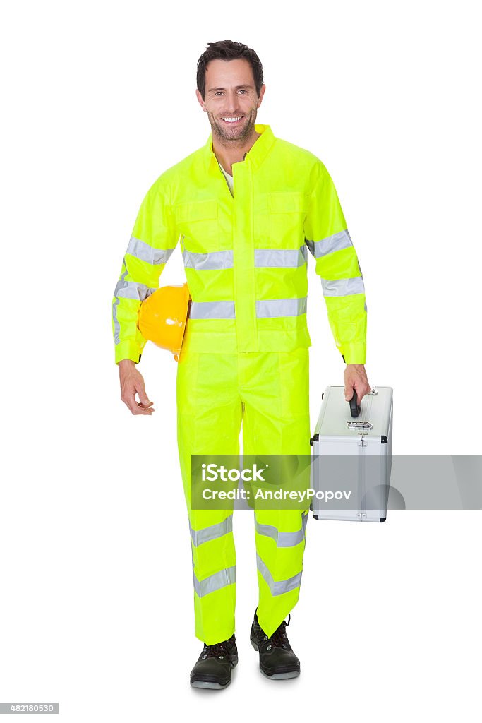 Happy worker wearing safety jacket Happy worker wearing safety jacket. Isolated on white 2015 Stock Photo