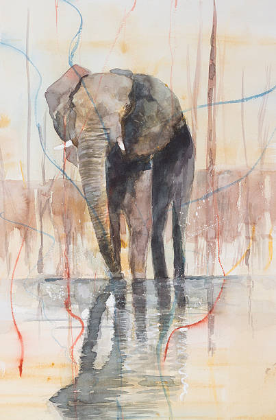 Elephant standing in a lake. Original watercolour, elephant standing in a lake. elephant art stock illustrations