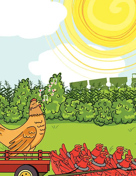 Vector illustration of Large Chicken Makes Smaller Hens Pull A Wagon