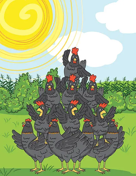 Vector illustration of Black Chickens Strike A Pyramid Pose On The Farm