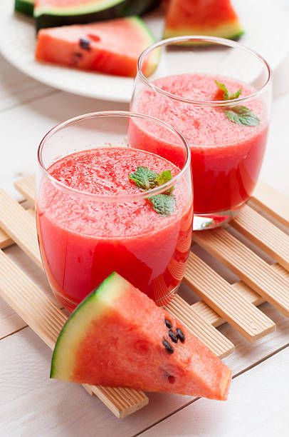 istock Fresh watermelon juice in the glass.Selective focus on the front 482194216