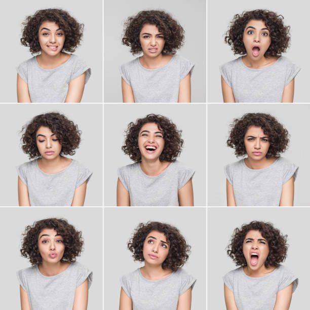 mujer joven haciendo nueve diferentes expresiones faciales - corte transversal fotografías e imágenes de stock