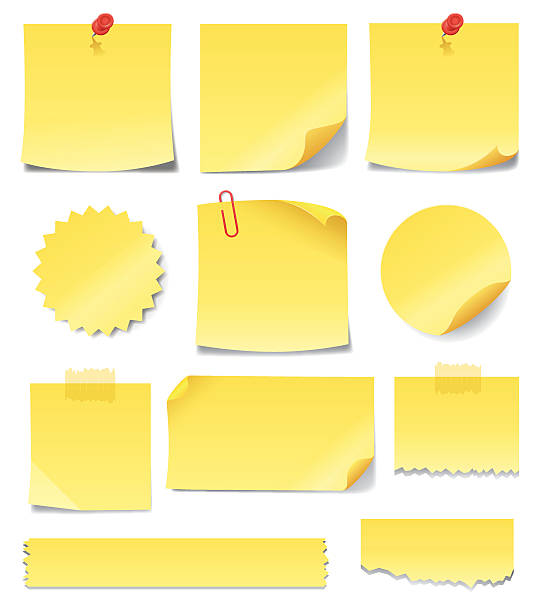 illustrazioni stock, clip art, cartoni animati e icone di tendenza di giallo sticky note - paper clip document file note pad