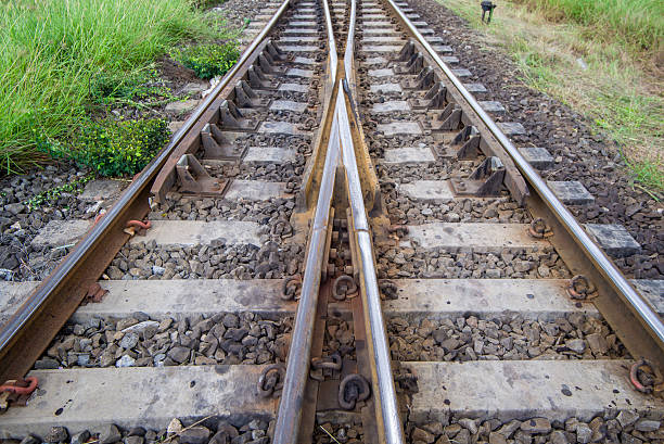 istock railroad tracks with railroad switch, two paths come together 482208962