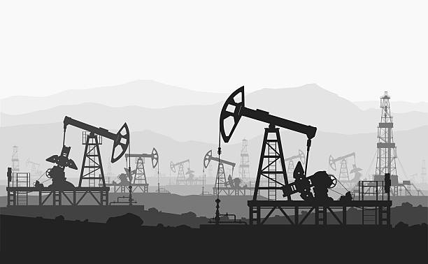 öl pumpen im großen oilfield über mountain range. - ölindustrie stock-grafiken, -clipart, -cartoons und -symbole