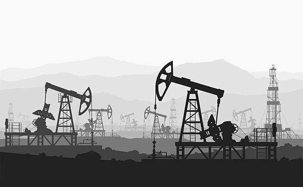 illustrazioni stock, clip art, cartoni animati e icone di tendenza di olio pompe con grandi oilfield sulla catena montuosa. - pompa di estrazione petrolifera