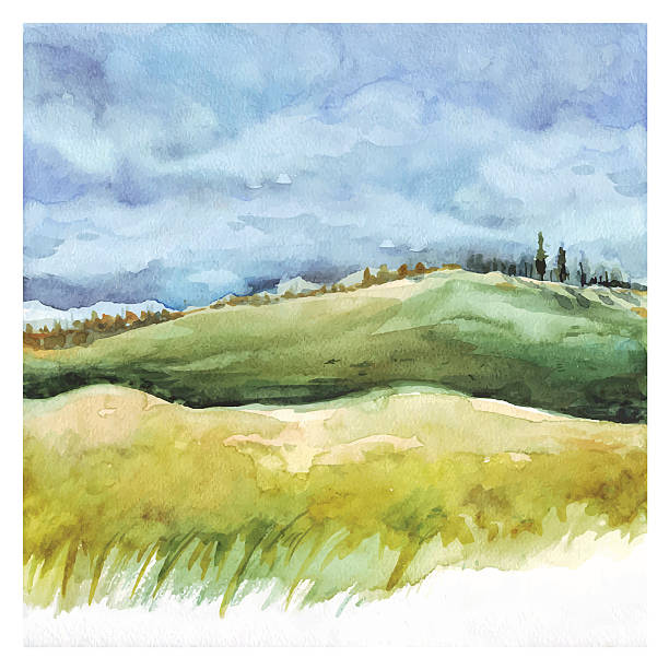 Field and forest. Watercolor background Watercolor Nature background. Field and forest, summer landscape. Hand drawn painting. watercolor nature stock illustrations