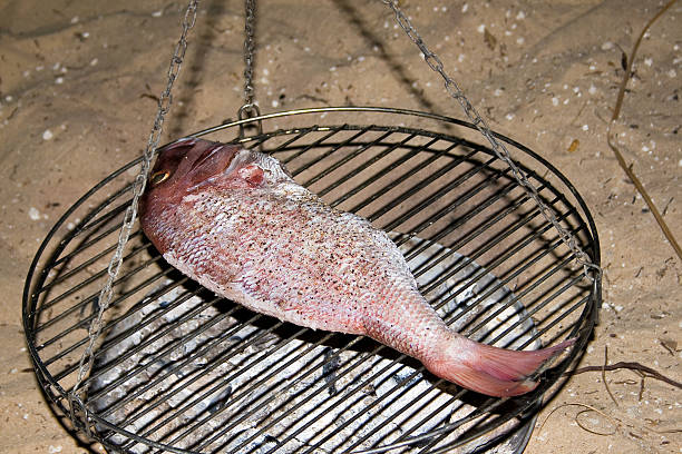 Red Snapper on a barbecue tripod.