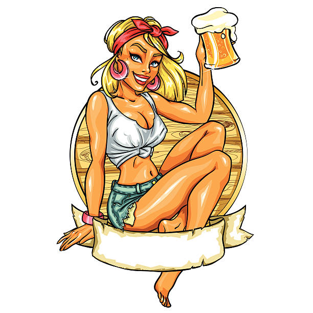 Pretty Pin Up Girl holding beer mug Pretty Pin Up Girl holding beer mug. Vector label with space for text. beach bar stock illustrations