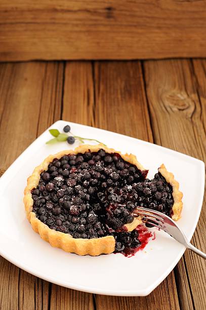 istock Homemade blueberry tart cut in square white plate with fork 482218220
