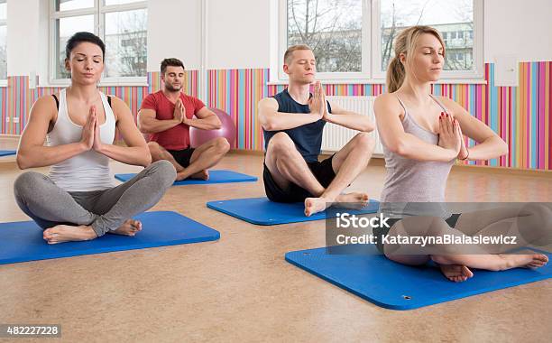 Yoga Training On Foam Mattress Stock Photo - Download Image Now - 2015, Active Lifestyle, Adult