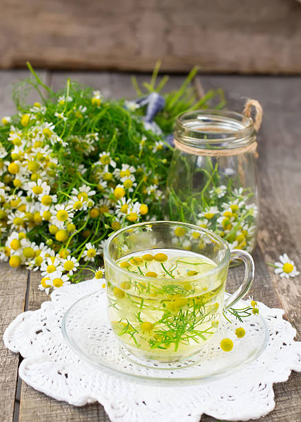 istock Chamomile tea in a glass cup on a wooden background 482230460