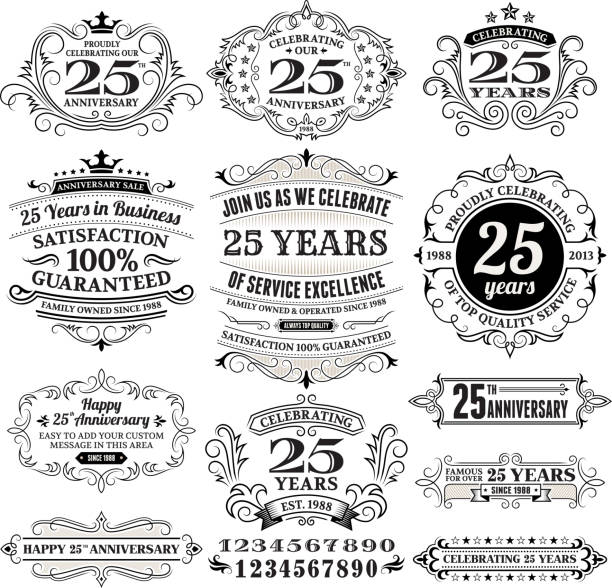 20 오년 검은색과 인명별 기념일 레이블입니다 컬레션 - 20 29세 일러스트 stock illustrations