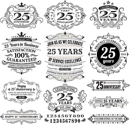 Twenty Five Year anniversary Black and White Anniversary Label Collection This editable vector file features black label on white background. The labels are organized in rows and can be used as app icons, online as internet web buttons, and in digital and print.