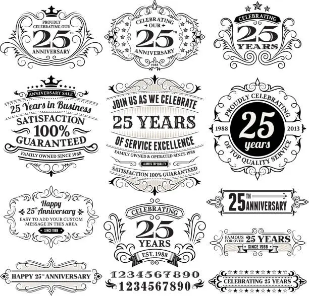 Vector illustration of Twenty Five Years Black and White Anniversary Label Collection
