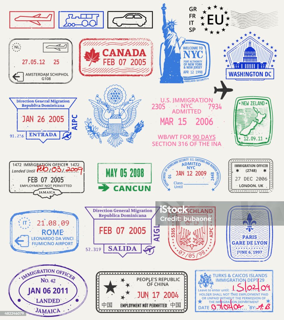 Multinational grunge stamps World Travel passport and Postcard Grunge Stamps Passport Stamp stock vector