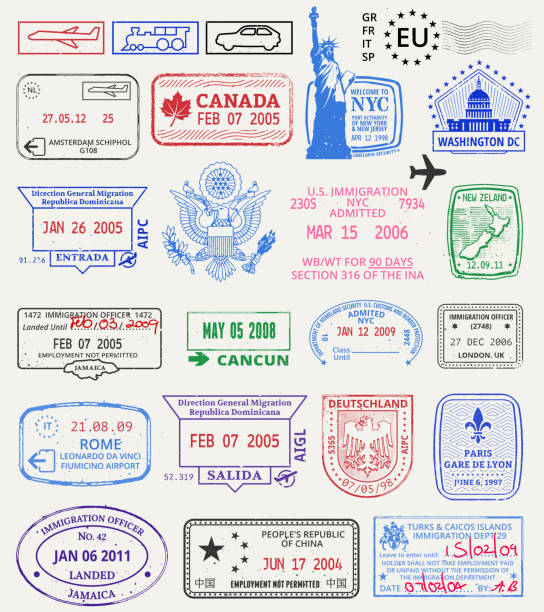 Multinational grunge stamps World Travel passport and Postcard Grunge Stamps passport stamp stock illustrations