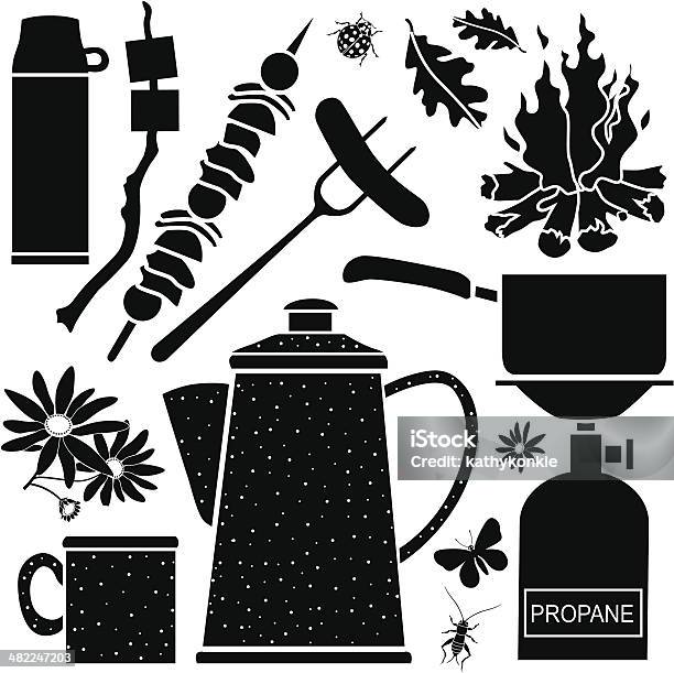 Camping Design Elements Stock Illustration - Download Image Now - Icon Symbol, Insulated Drink Container, Black And White