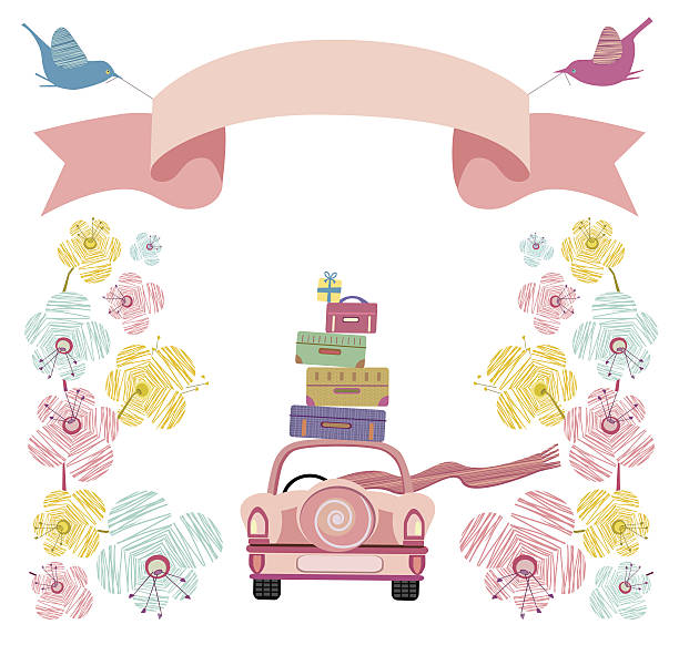 stockillustraties, clipart, cartoons en iconen met wedding car with flowers, banner and suitcases - wedding back