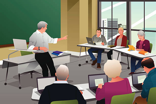 Adults in a College Classroom A vector illustration of adult in a college classroom with professor teaching lecture hall illustrations stock illustrations