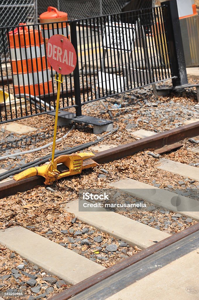 Derail Sign Derail Sign on train tracks Derailment Stock Photo