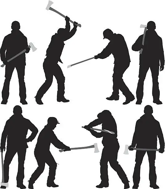 Vector illustration of Multiple silhouette of a lumberjack in action