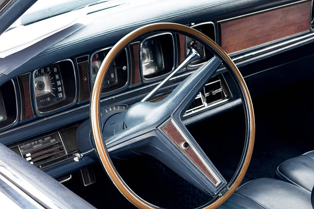 istock Steering wheel and dashboard of an old retro amercan car 482255801