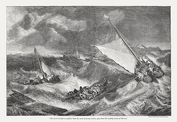 ilustrações, clipart, desenhos animados e ícones de o shipwreck (1805), j. m .w. turner, publicado em 1873 - etching sailing ship passenger ship sea