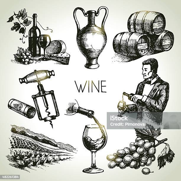 Hand Drawn Sketch Vector Wine Set Stock Illustration - Download Image Now - Barrel, Bunch, Drinking Glass
