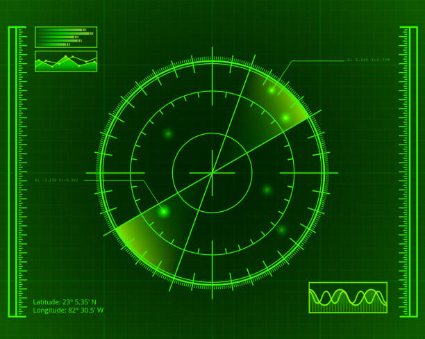 ilustrações, clipart, desenhos animados e ícones de radar tela verde com metas - color enhanced