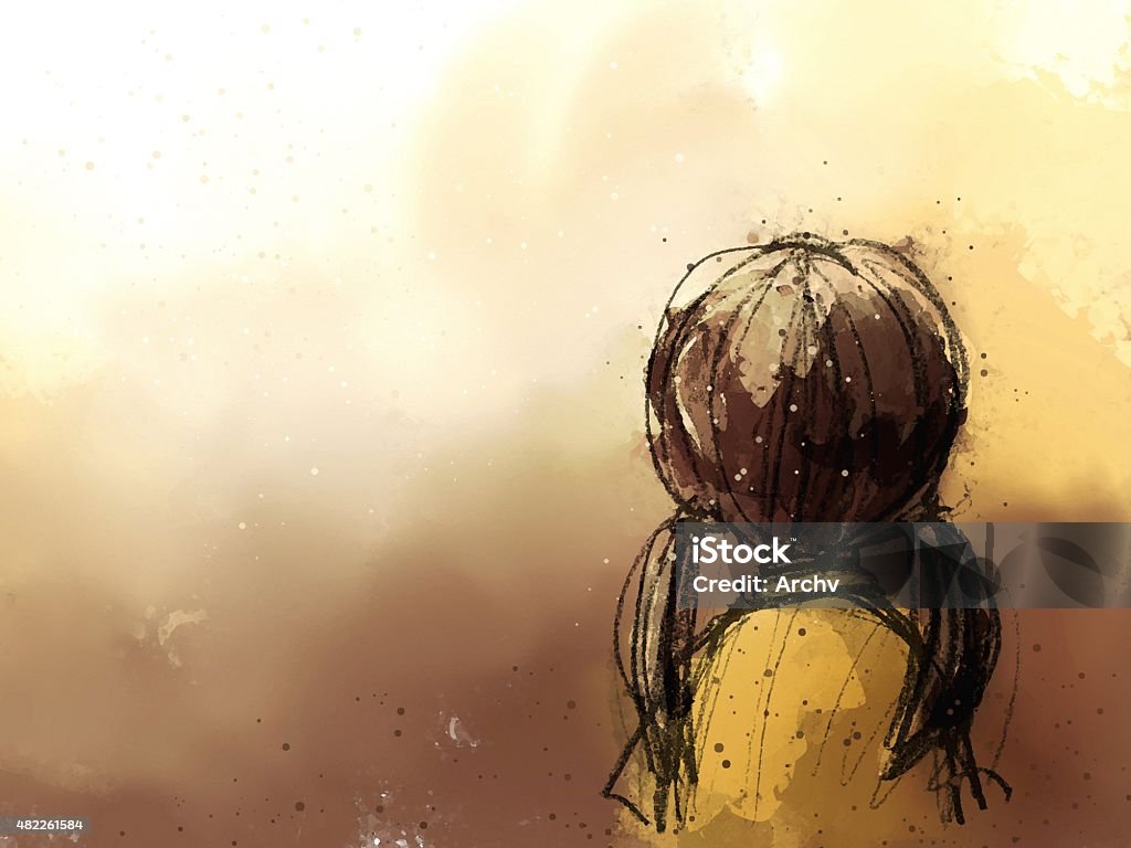 digital painting of cute girl backside digital painting of cute girl backside, watercolor on paper texture Retro Style stock illustration