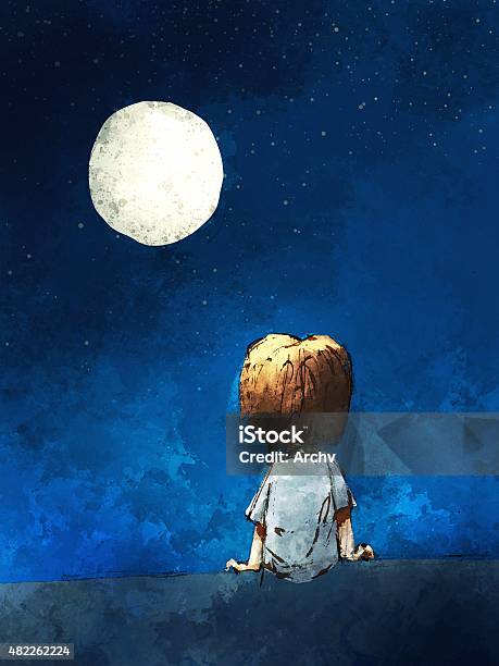 Digital Painting Of Boy Sitting Lonely In The Moonlight Stock Illustration  - Download Image Now - iStock