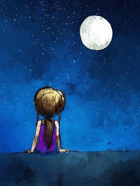 Digital Painting Of Girl Sitting Lonely In The Moonlight Stock Illustration  - Download Image Now - iStock