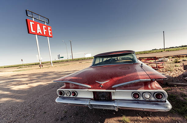 Cafe sign along historic Route 66 in Texas. Vintage Processing.
