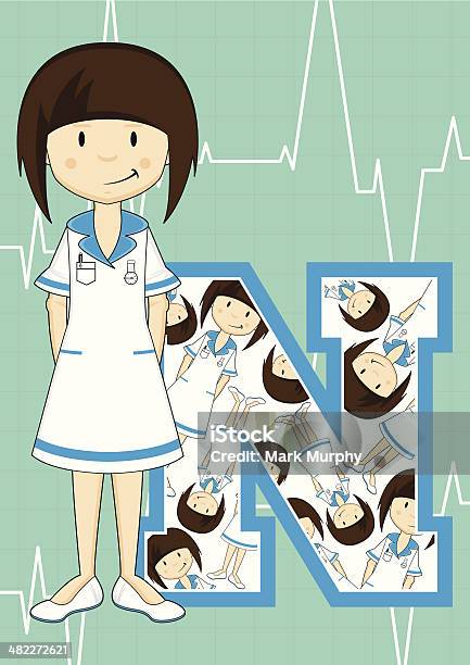 귀여운 어린 간호사 힐튼되기 알파벳 N 간호사에 대한 스톡 벡터 아트 및 기타 이미지 - 간호사, 갈색 머리, 건강관리와 의술