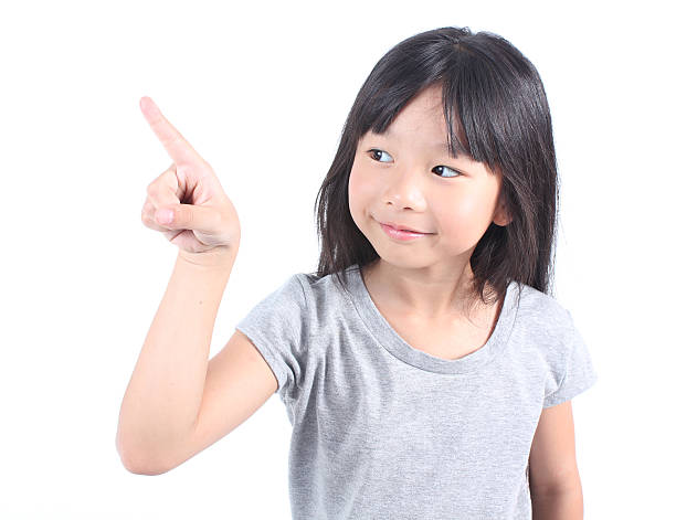 istock Little girl pointing up with her finger 482277004