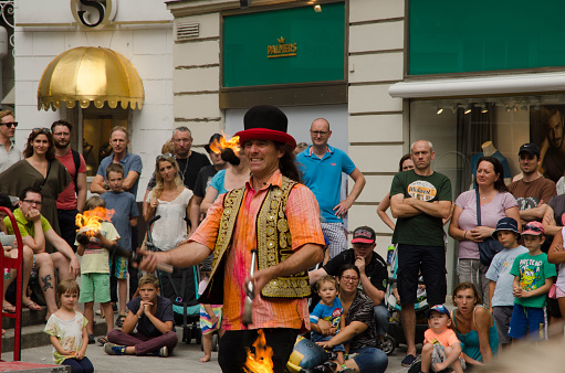Linz, Austria - July 25, 2015: Artist Kammann at Pflasterspektakel Festival in Linz. The Pflasterspektakel is one of the biggest street art festivals in Europe –  theatre, music of all kinds, dance, circus artistry, high-wire and fire acrobatics as well as clownery is shown at the famous Pflasterspektakel festival. 