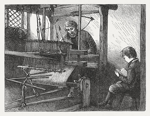 illustrazioni stock, clip art, cartoni animati e icone di tendenza di lavori di casa-al telaio, pubblicata nel 1873 - textile industry loom machine textile